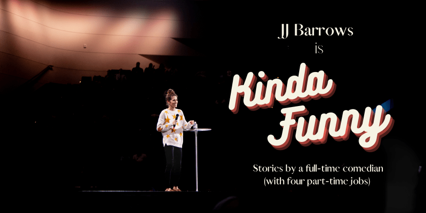 Comedian on stage with title "JJ Barrows is Kinda Funny. Stories by a full-time comedian with four part-time jobs).