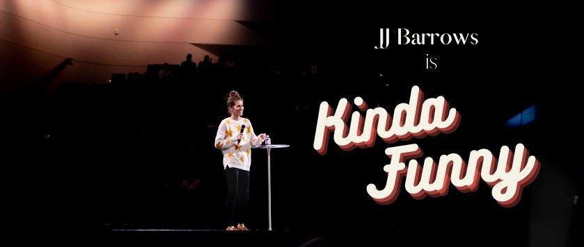 Comedian onstage with heading "Kinda Funny"